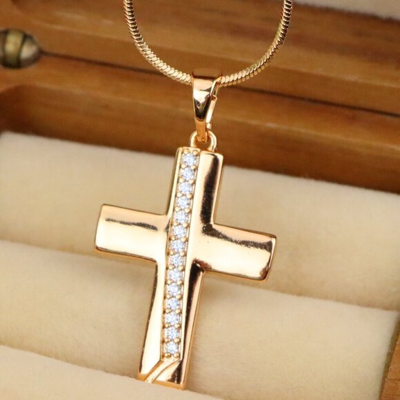 "Rose Gold Cross Pendant with CZ Accents, XPPT1396 - Picture 1 of 13